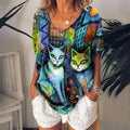 Camiseta Feminina com Estampa 3D de Gatos Moda Mulher Blusas 2025 Camiseta V-Neck Engraçada Kawaii Roupas Femininas Tops de Verão Oversized Tees