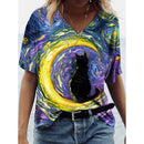 Camiseta Feminina com Estampa 3D de Gatos Moda Mulher Blusas 2025 Camiseta V-Neck Engraçada Kawaii Roupas Femininas Tops de Verão Oversized Tees