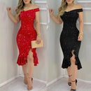 Vestidos de festa sexy femininos Moda Vestido elegante Ombro a ombro Lantejoulas Babado Vestidos irregulares Vestido de noite de mascarada