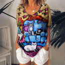 Camiseta Feminina com Estampa 3D de Gatos Moda Mulher Blusas 2025 Camiseta V-Neck Engraçada Kawaii Roupas Femininas Tops de Verão Oversized Tees