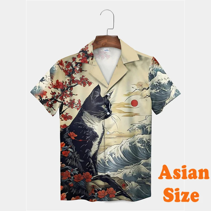 Camisas Havaianas de Gato Engraçado Impressas em 3D para Homens, Camisas de Lapela Estilo Grafite Hip Hop, Camiseta com Padrão Retrô de Ondas Japonesas
