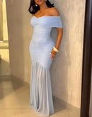 Vestidos para Mulheres 2025 Elegante Sexy Ombro a Ombro Franzido Cintura Marcada Vestido de Festa de Ajuste Fino Cauda de Sereia