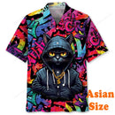 Camisas Havaianas de Gato Engraçado Impressas em 3D para Homens, Camisas de Lapela Estilo Grafite Hip Hop, Camiseta com Padrão Retrô de Ondas Japonesas