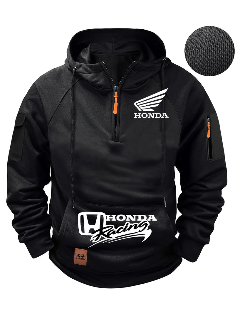 Moletom com Capuz Honda Logo Motorcycle Masculino Moletom Honda com Zíper Superior Roupas Externas de Outono e Inverno