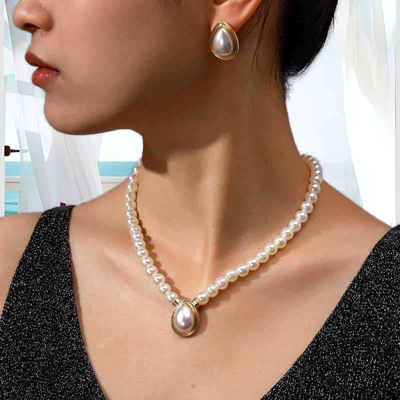 Novos Conjuntos de Joias de Casamento para Noivas Femininas Moda Elegante Minimalista Pérola Imitada Gota de Água Gargantilha Colar e Brincos