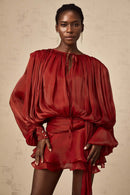 Vestidos Femininos Franceses Vestido Elegante com Mangas Bufantes Moda Solta com Amarração Cor Sólida Amarração Estilo Simples Tendência