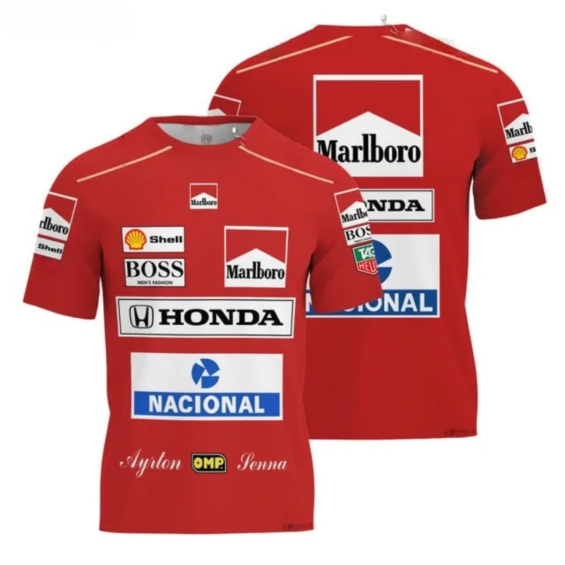Camiseta de Manga Curta Ayrton Senna Honda F1 Racing Unissex Moda Esportiva e Lazer Tendência para Adultos e Crianças