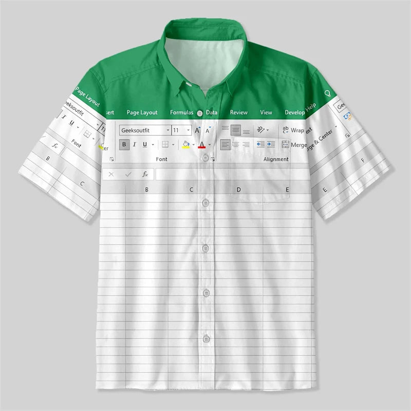Camiseta Havaiana de Planilha do Excel Engraçada com Estampa 3D, Estilo Lazer de Férias, Camisa Solta com Botões, Roupas Criativas para Trabalho Y2k