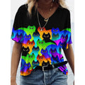 Camiseta Feminina com Estampa 3D de Gatos Moda Mulher Blusas 2025 Camiseta V-Neck Engraçada Kawaii Roupas Femininas Tops de Verão Oversized Tees
