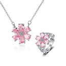 Anel de Casamento Fashion para Mulheres Conjunto de Joias Finas com Pingente de Flor de Cristal de Zircônia Rosa, Pulseiras, Brincos, Colar e Anéis FCGJHW