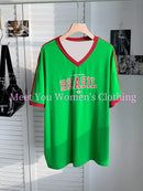Camisetas Casuais com Estampa da Bandeira do Brasil Camiseta Gótica Manga Curta Camiseta com Estampa do BRASIL Criatividade Feminina Camiseta de Rua Gola V