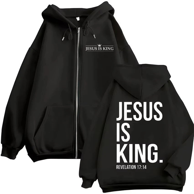 Moletom com Zíper Jesus É Rei Bíblia Cristã Masculino e Feminino Moda Harajuku Casaco com Zíper Fleece Casual