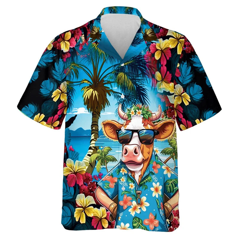 Camisas Engraçadas e Legais de Vaca Roupas Masculinas Camisa de Botão com Lapela Havaiana Estampa 3D Casual Moda Padrão de Personalidade Blusa na Moda