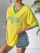 Camisetas Casuais com Estampa da Bandeira do Brasil Camiseta Gótica Manga Curta Camiseta com Estampa do BRASIL Criatividade Feminina Camiseta de Rua Gola V