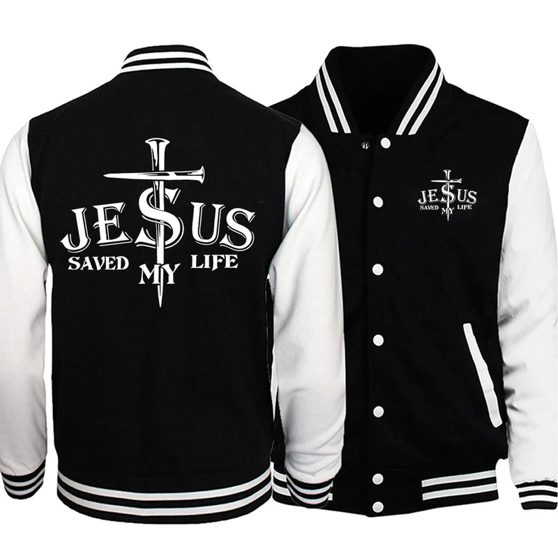 Jaqueta Masculina Gráfica 'Jesus Salvou Minha Vida' Estilo Preppy Uniforme de Baseball Casual P-5Xl Roupas de Rua