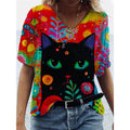 Camiseta Feminina com Estampa 3D de Gatos Moda Mulher Blusas 2025 Camiseta V-Neck Engraçada Kawaii Roupas Femininas Tops de Verão Oversized Tees