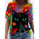Camiseta Feminina com Estampa 3D de Gatos Moda Mulher Blusas 2025 Camiseta V-Neck Engraçada Kawaii Roupas Femininas Tops de Verão Oversized Tees