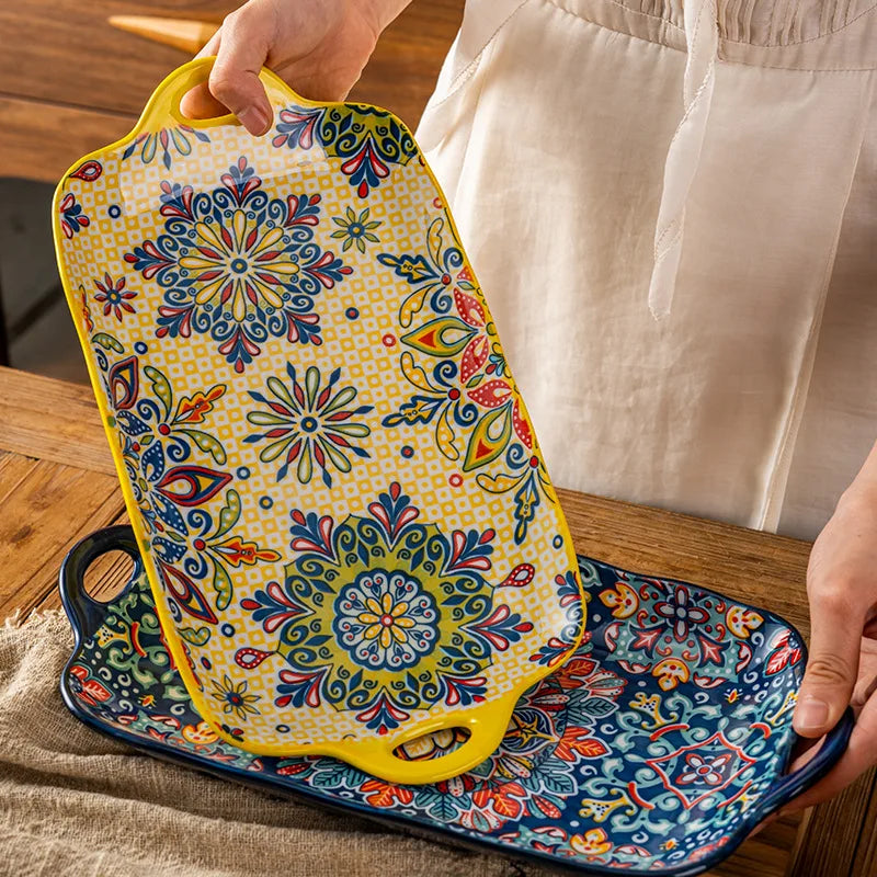 Pratos Jantar Boêmios Binaurais Prato de Cerâmica Grande Retangular para Peixe Prato de Cerâmica para Sushi para Casa Cozinha Restaurante Presente