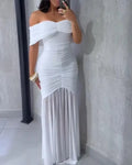 Vestidos para Mulheres 2025 Elegante Sexy Ombro a Ombro Franzido Cintura Marcada Vestido de Festa de Ajuste Fino Cauda de Sereia