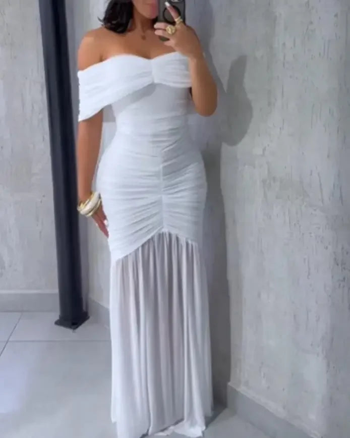 Vestidos para Mulheres 2025 Elegante Sexy Ombro a Ombro Franzido Cintura Marcada Vestido de Festa de Ajuste Fino Cauda de Sereia