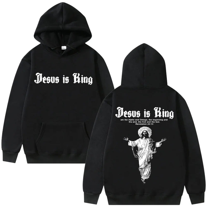 Moletom Masculino Plus Size 'Jesus Is King' Estampado, Religioso, Casual, Streetwear, Estilo Gótico Harajuku, Manga Longa, Malha de Inverno