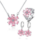 Anel de Casamento Fashion para Mulheres Conjunto de Joias Finas com Pingente de Flor de Cristal de Zircônia Rosa, Pulseiras, Brincos, Colar e Anéis FCGJHW
