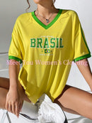 Camisetas Casuais com Estampa da Bandeira do Brasil Camiseta Gótica Manga Curta Camiseta com Estampa do BRASIL Criatividade Feminina Camiseta de Rua Gola V